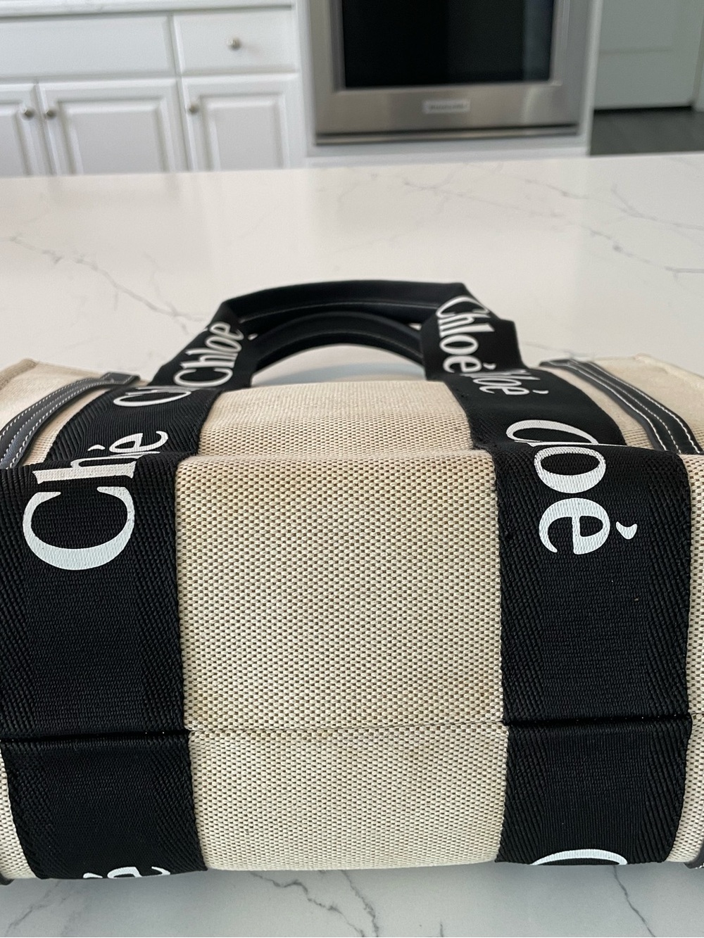 Beige Canvas Tote with Black Logo Straps - Picture 2 of 7